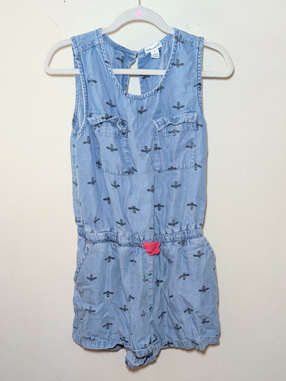 Splendid Bumblebee Print Chambray Romper Light Blue Pink Drawstring Girl Size 10